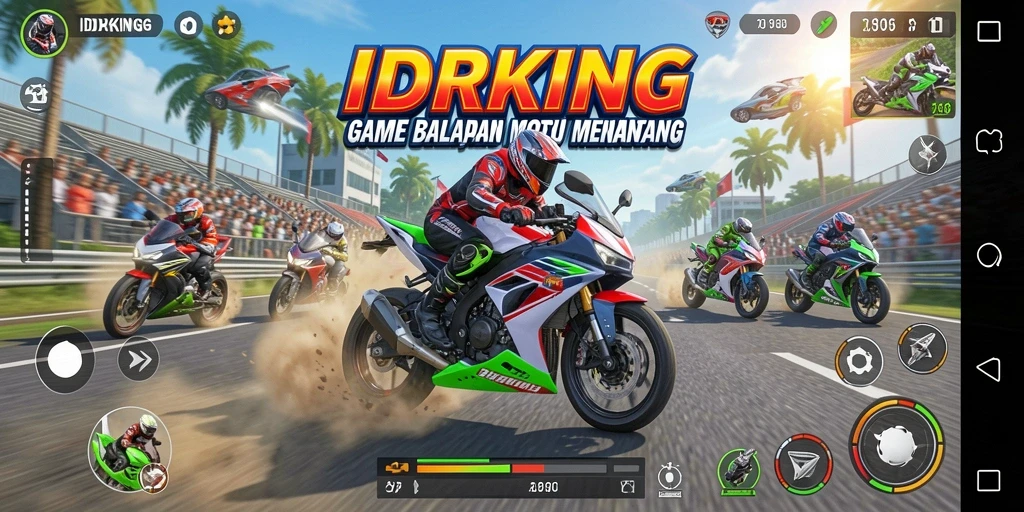 Screenshot gameplay IDRKING dalam balapan motor yang mendebarkan.