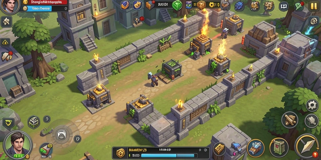 Screenshot gameplay MAMEN123 menunjukkan pertahanan tower yang strategis.