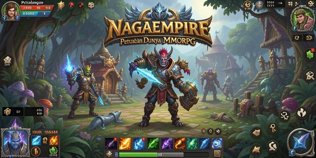 Tangkapan layar utama dari gameplay NAGAEMPIRE yang menampilkan aksi pertempuran MMORPG.