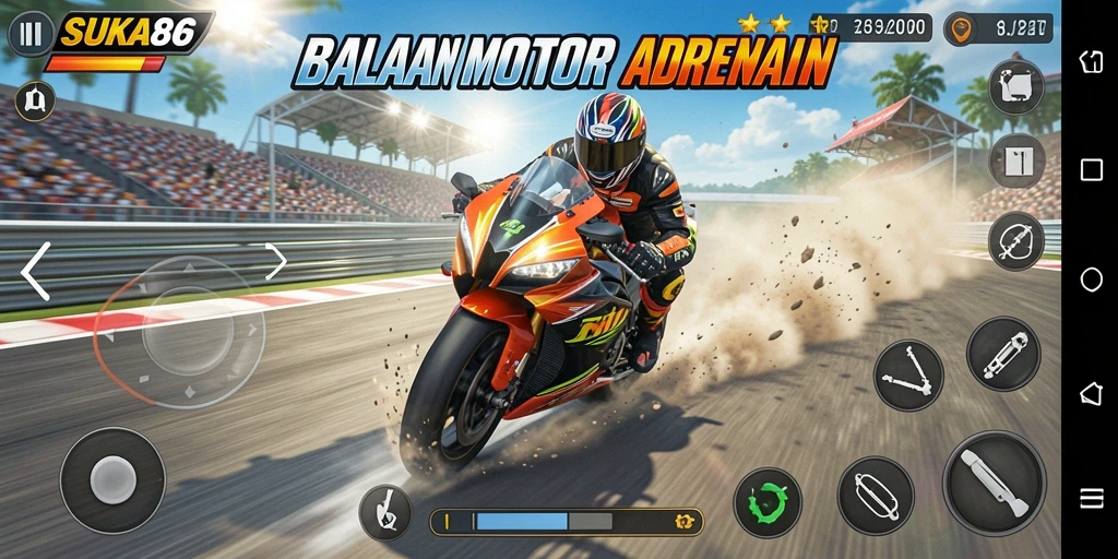 Screenshot gameplay <strong>SUKA86</strong> menunjukkan aksi balapan motor yang seru dan mendebarkan.